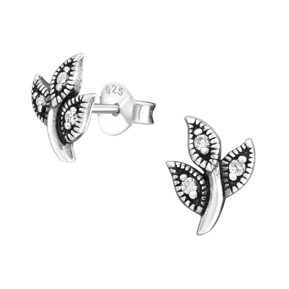Sterling Silver Leaves Ear Studs | 6 CZ Stones 9mm